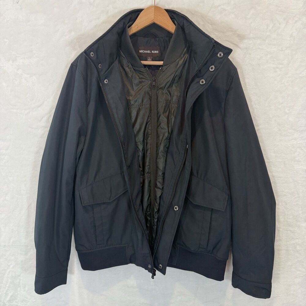 Michael Kors Men’s Coat Jacket Dark Navy Blue Zip Up Hidden Hood Large